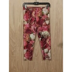 Terez Size Medium Pink Floral Rose Leggings Shine Capri Cropped Women's